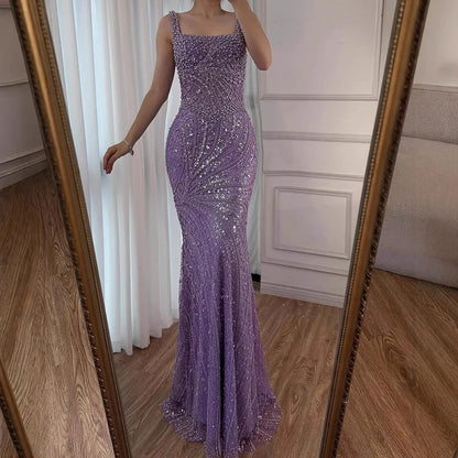 Luxury White Nude Pearl Beaded Mermaid Evening Dress LA72266