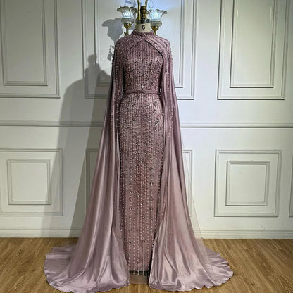 Modest Blue Muslim Beaded Evening Gown with Cape Sleeves LA72533