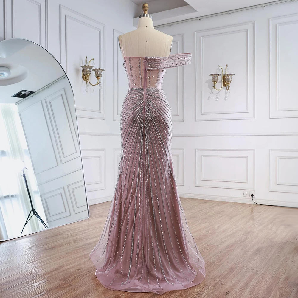 Luxury Pink Crystal One Shoulder Beaded Evening Dress Split LA73197