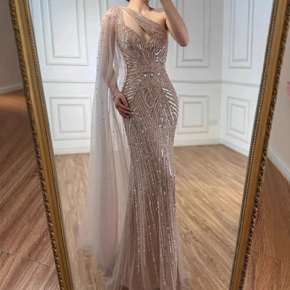 Luxury Caramel Beaded Mermaid Evening Dress with One Shoulder Cape LA73085