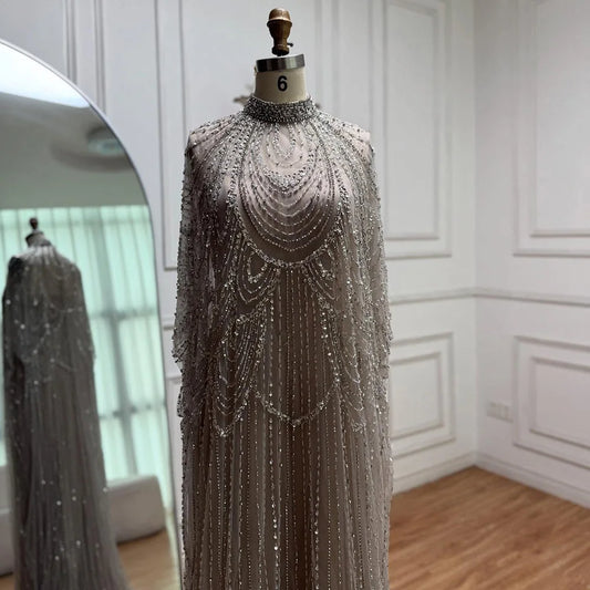 Luxury Silver Nude Beaded Mermaid Evening Dress with Cape LA72484A