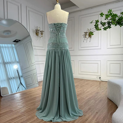 Luxury Sage Green A-Line Evening Dress with Cape LA73044A