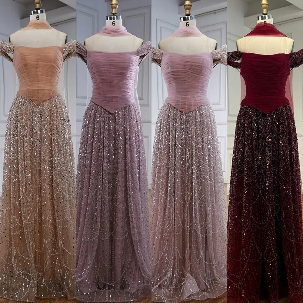 Luxury Arabic Pink Pearls Beaded Evening Dress With Cape LA72922