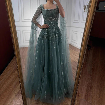 Luxury Caramel A-Line Beaded Evening Dress with Cape Sleeves LA73089A