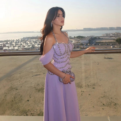 Luxury Arabic Lilac Chiffon Beaded A-Line Evening Dress LA73327