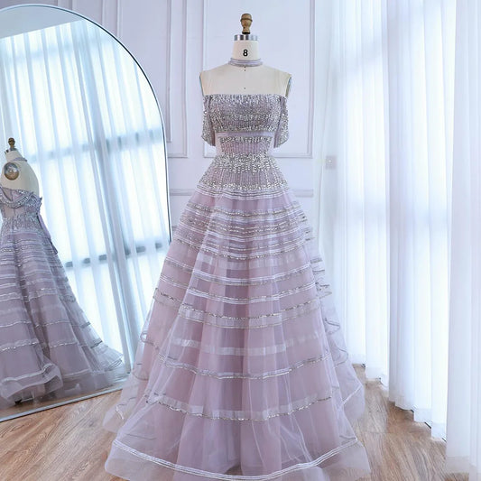 Luxury Pink Off Shoulder A-Line Beaded Evening Dress LA73079