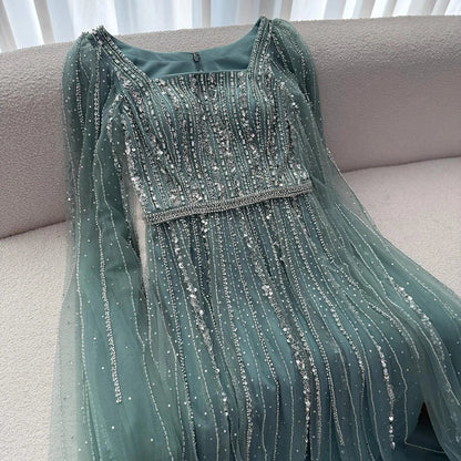 Luxury Dubai Square Neck Beaded Evening Gown with Cape LA73188