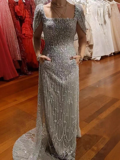 Luxury Turkish Grey Beaded Mermaid Evening Dress With Cape LA73357