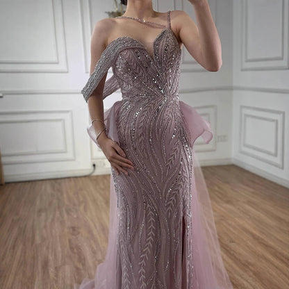 Luxury Nude Beaded Mermaid Evening Gown with Overskirt Split LA72890