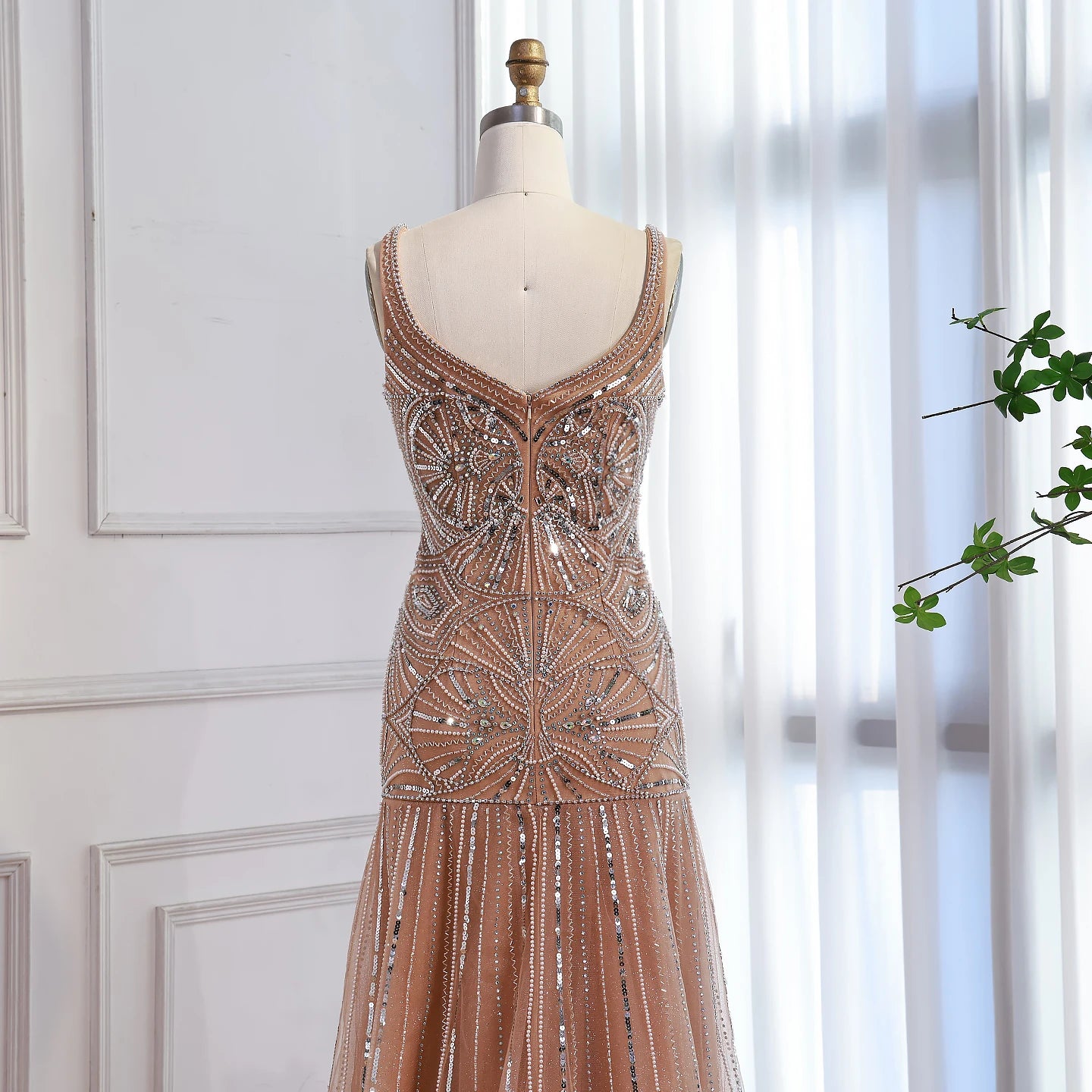 Luxury Nude Spaghetti Strap Beaded A line Evening Dress LA73189