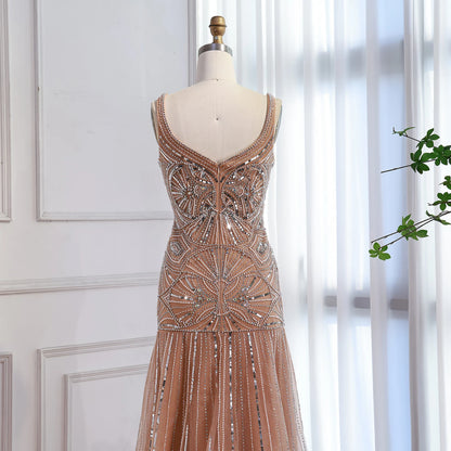 Luxury Nude Spaghetti Strap Beaded A line Evening Dress LA73189