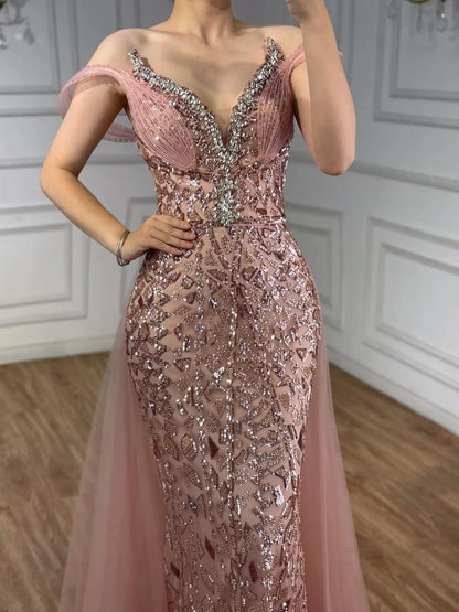 فستان سهرة وردي مطرز من سيرين هيل مكشوف الكتفين LA73413