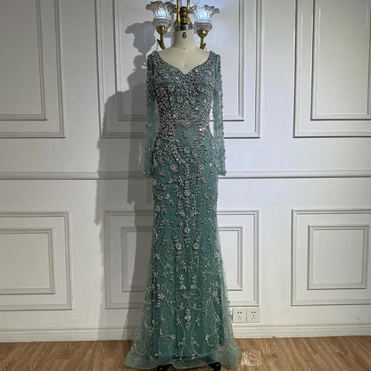 Luxury Nude Beaded Crystal Evening Dress with Long Sleeves LA73042