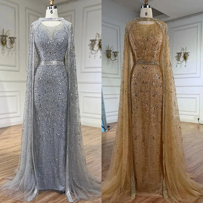 Luxury Gray Arabic Mermaid Evening Dress with Cape LA72180