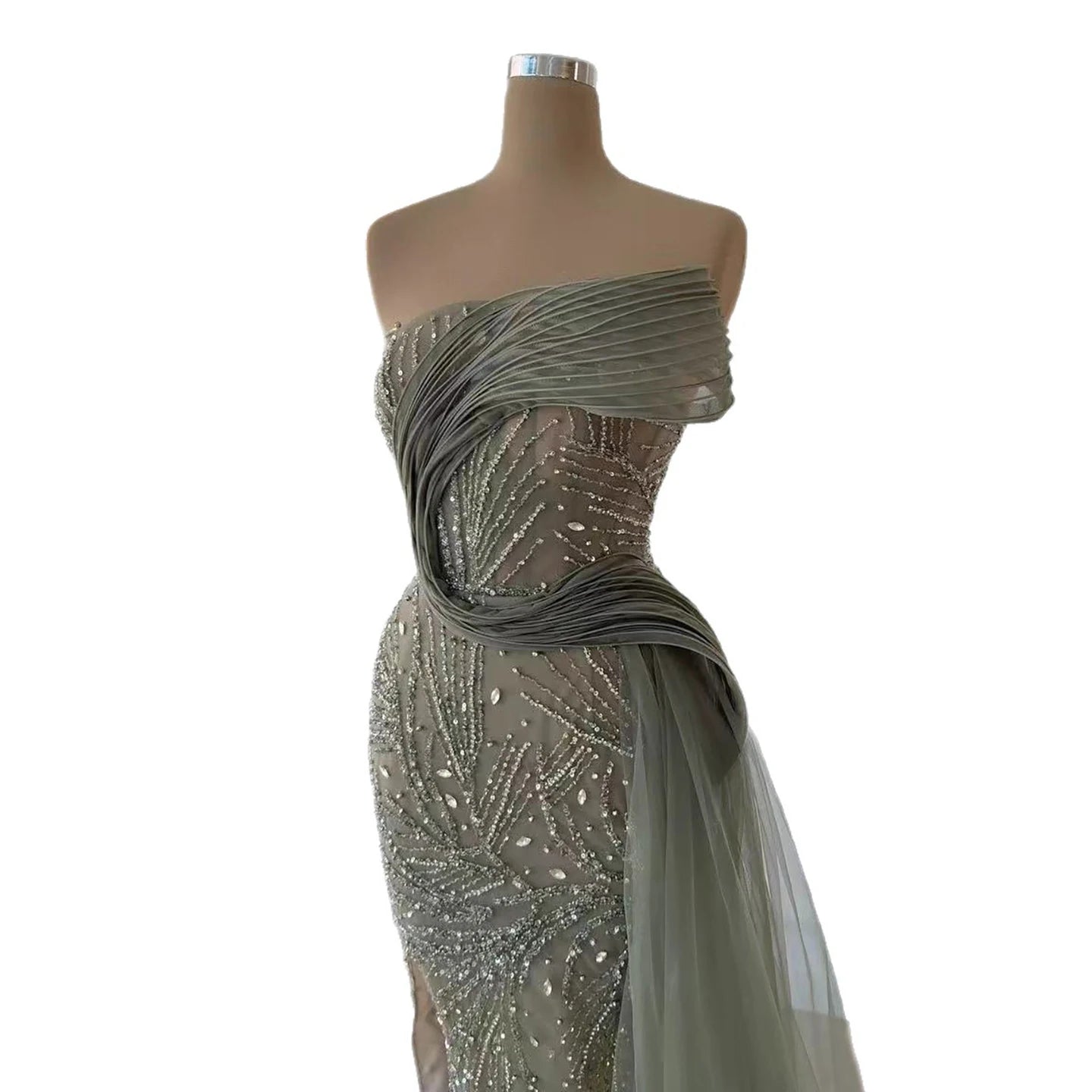 Luxury Arabic Olive Green Ruffles Evening Dress with Train LA73356