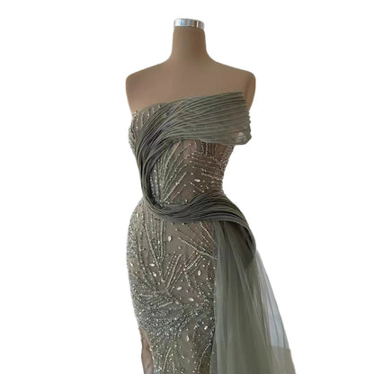 Luxury Arabic Olive Green Ruffles Evening Dress with Train LA73356