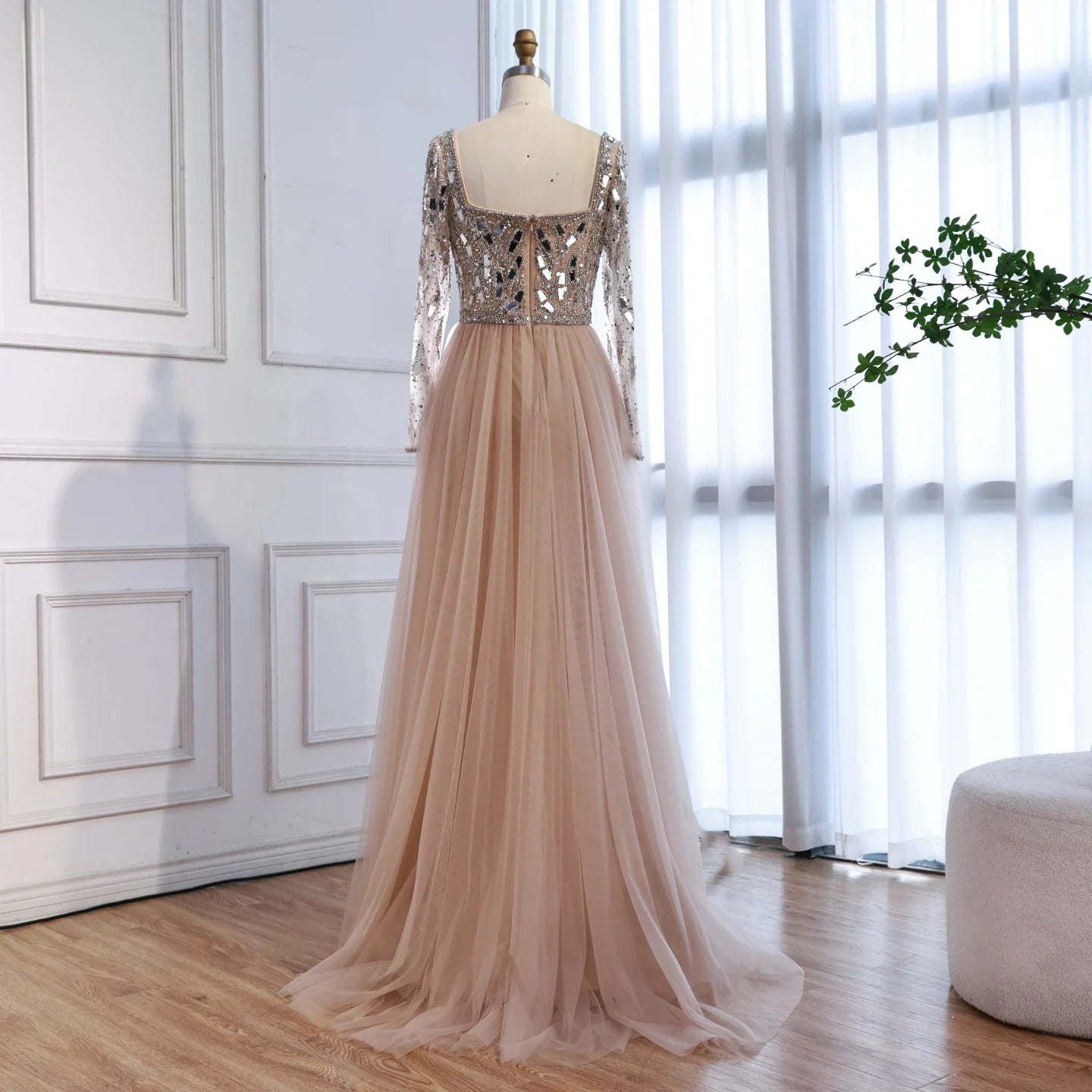 Luxury Arabic Nude Long Sleeve Mermaid Evening Dress LA73113A