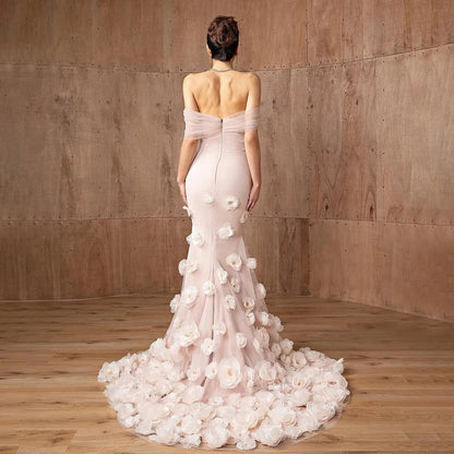 Elegant pink 3D flower off-shoulder evening dress LA72943