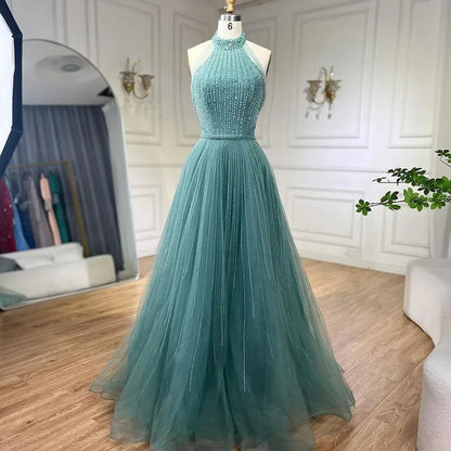 Luxury Arabic Blue Sequin Tassel Halter A Line Evening Dress LA72227