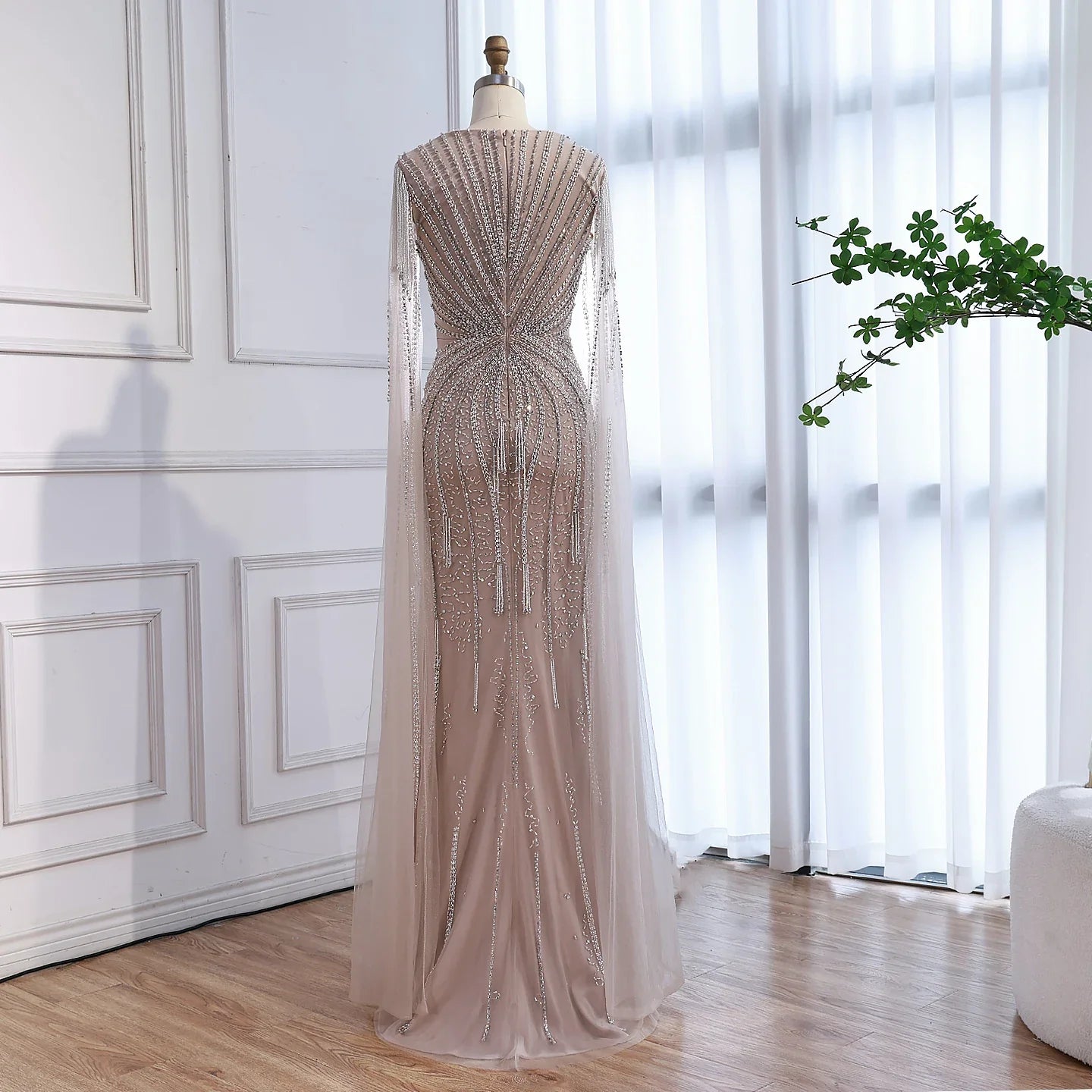 Luxury Caramel Beaded Evening Dress With Cape LA72992A
