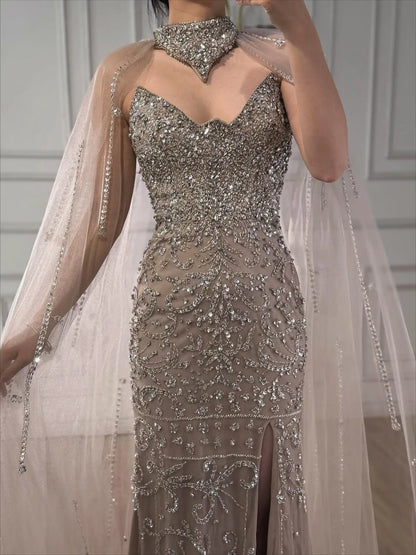 Luxury Sexy Split Evening Dress With Cape Nude LA73339