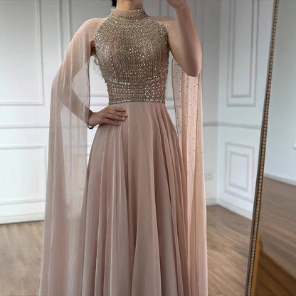 Luxury Caramel Chiffon Beaded Evening Dress with Cape LA73144