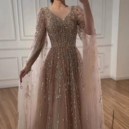 Luxury Nude Beaded Evening Dress with Cape Sleeves for Formal Occasion LA72764A