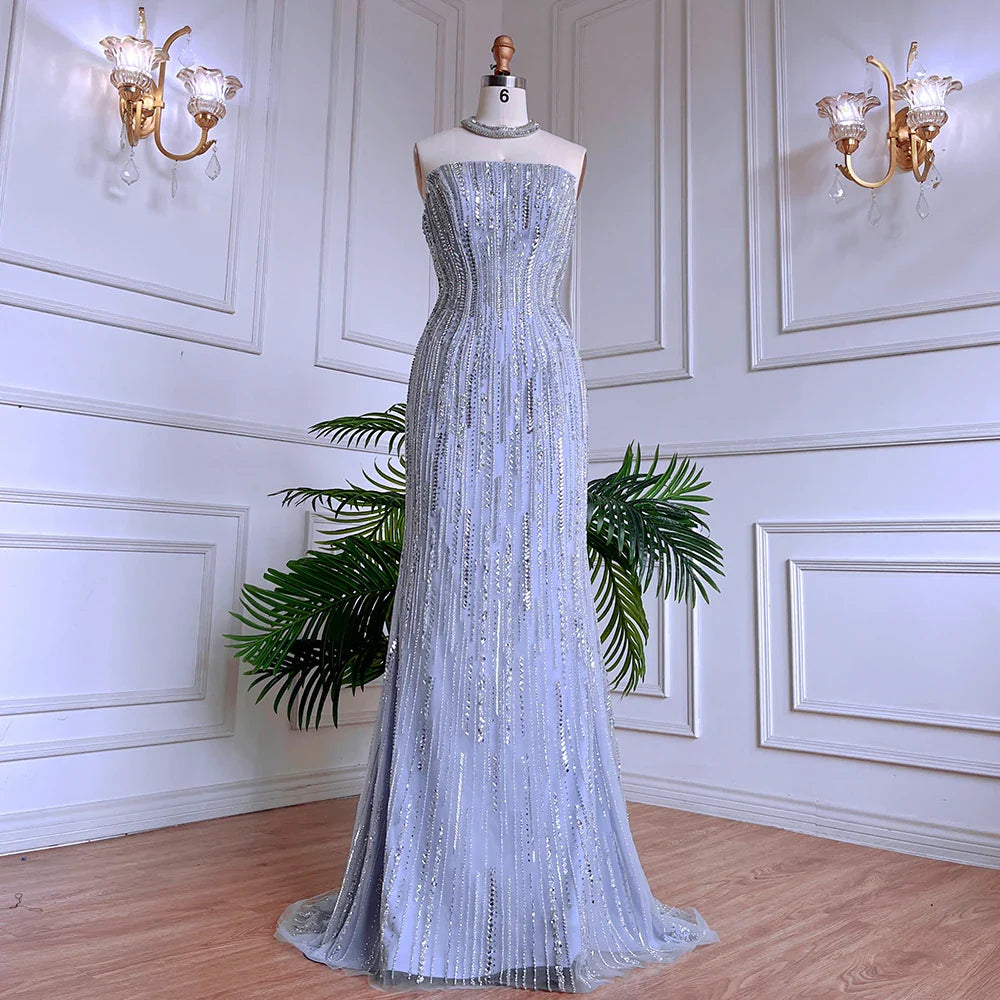 Luxury Dubai Arabic Blue Mermaid Balloon Sleeves Beaded Evening Dresses LA71823