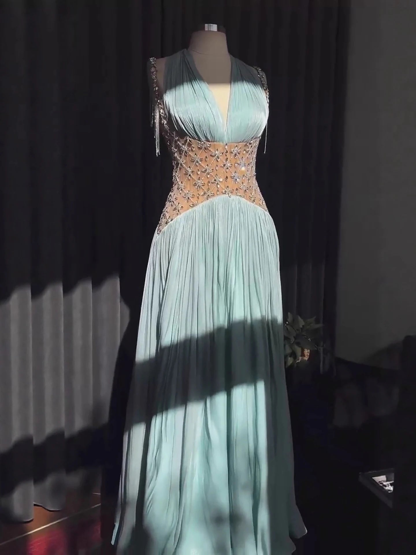Luxury Turquoise Crystal Beaded A-Line Evening Dress LA73421