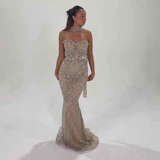 Luxury Nude Crystal Beaded Mermaid Evening Dress LA73375