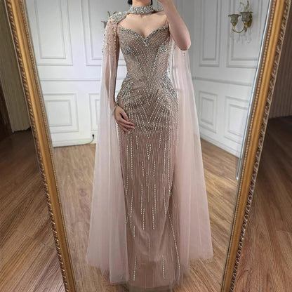 Luxury Arabic Nude Beaded Evening Dress with Cape Sleeves LA73173