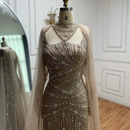 Luxury Caramel Mermaid Evening Dress with Cape Sleeves LA73052