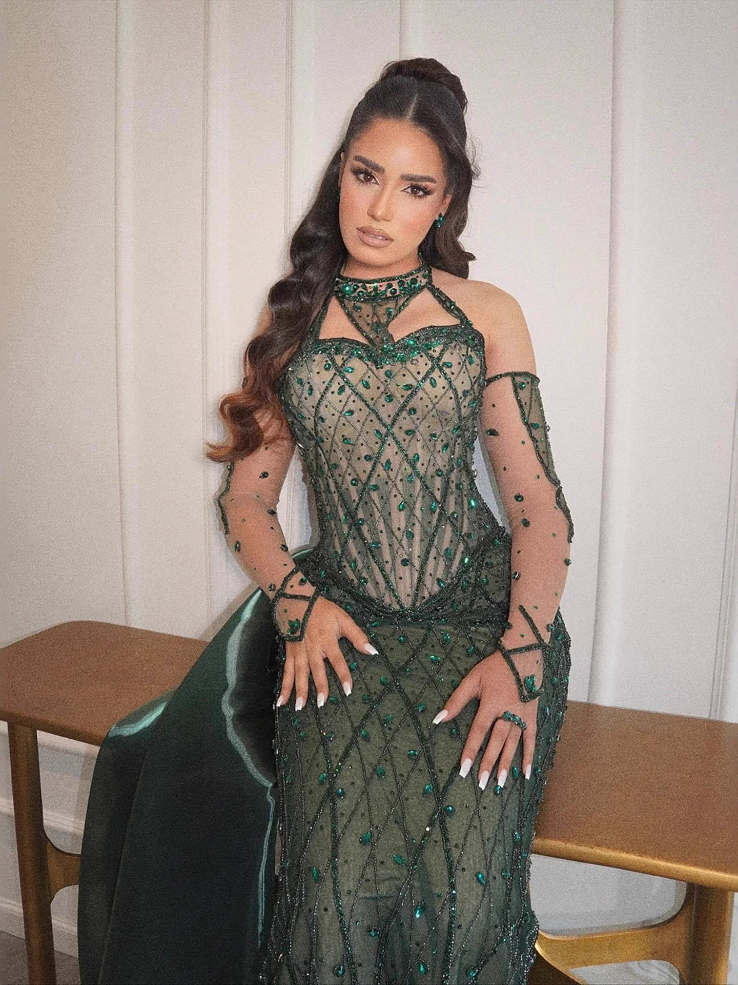 Luxury Green Halter Beaded Dubai Corset Evening Dress LA73322