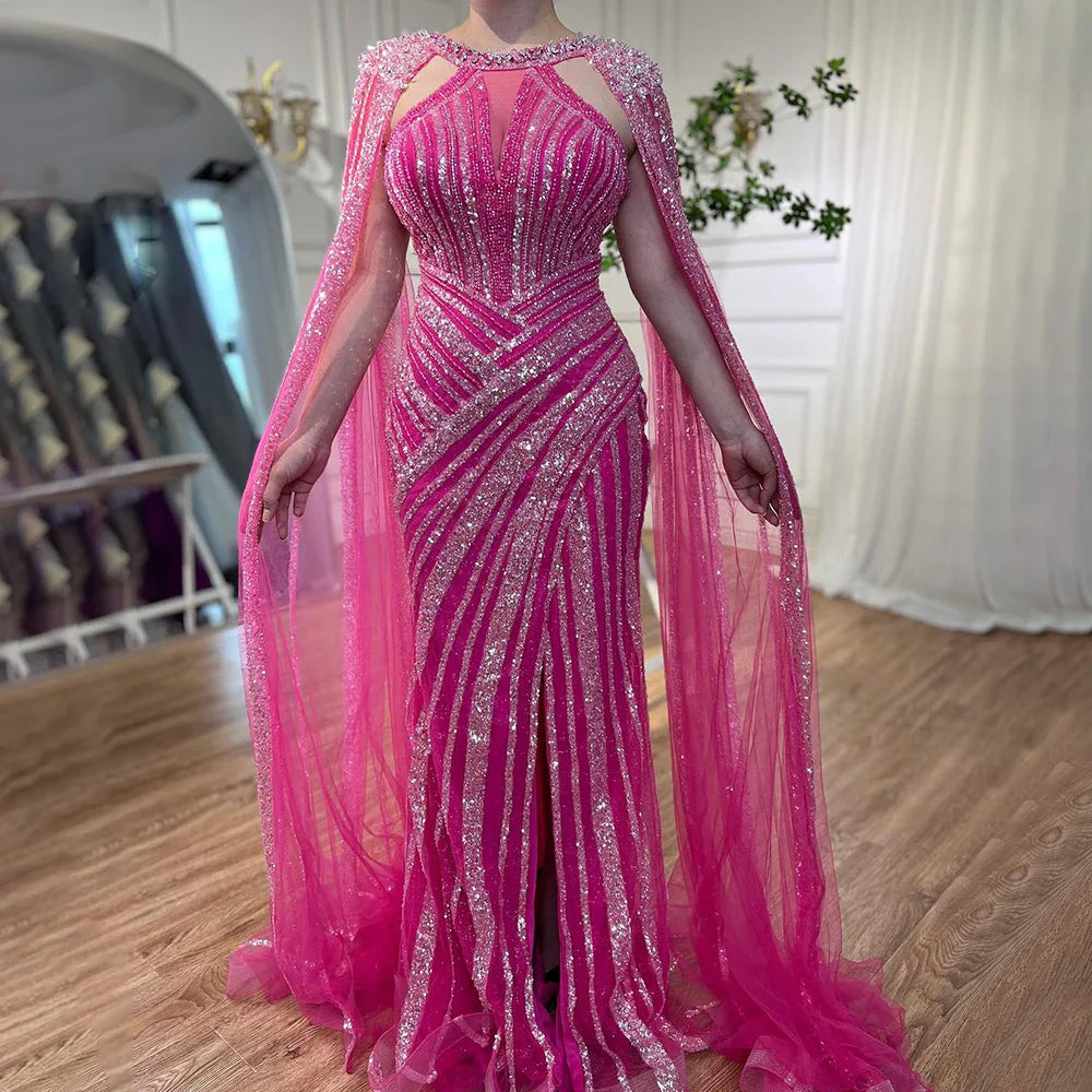 Luxury Crystal Yellow Evening Dress with Cape Sleeves LA72085