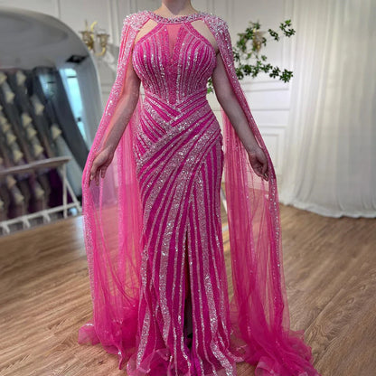 Luxury Crystal Yellow Evening Dress with Cape Sleeves LA72085