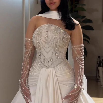 White Strapless Beaded Evening Dress with Gloves LA73086