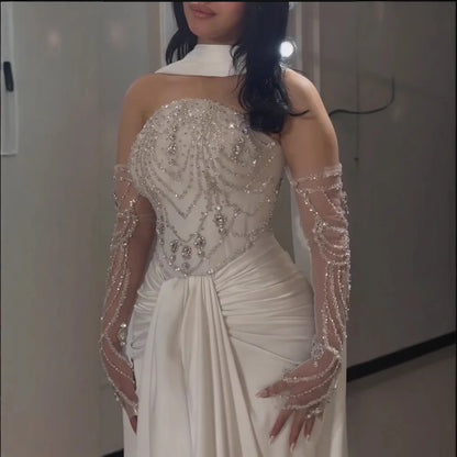 White Strapless Beaded Evening Dress with Gloves LA73086
