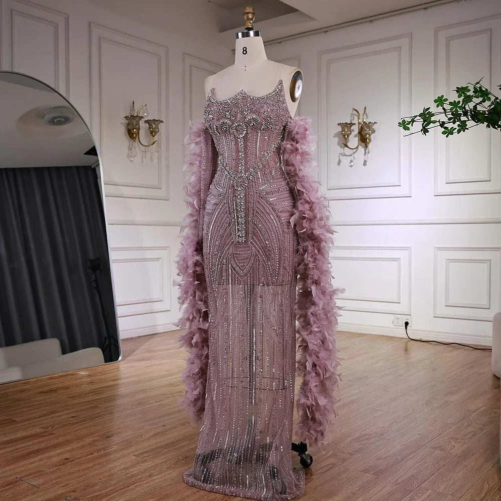 Luxury Caramel Beaded Evening Dress with Feather Sleeves LA73055