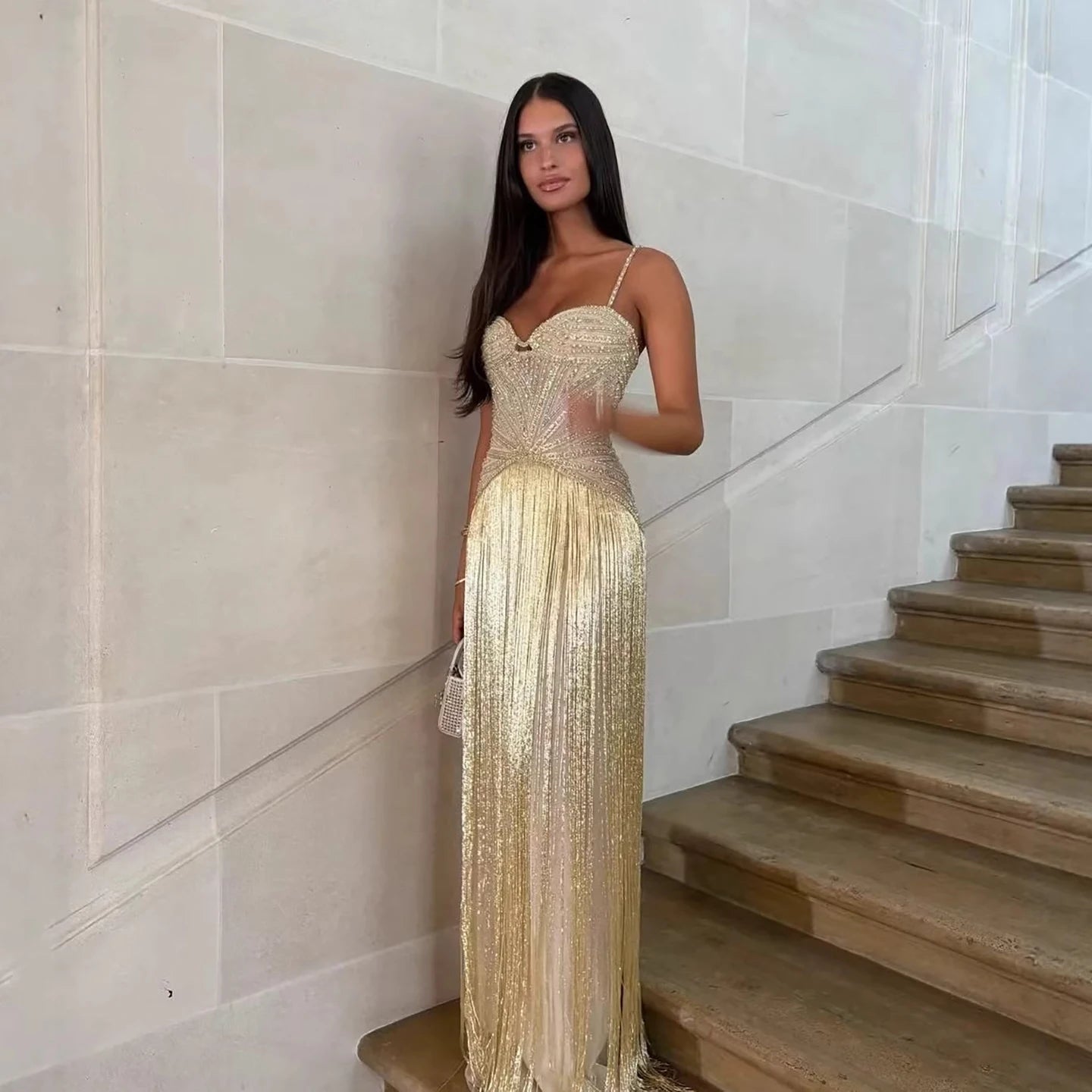 Luxury Arabic Gold Mermaid Beaded Tassel Evening Dress LA73446