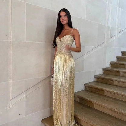 Luxury Arabic Gold Mermaid Beaded Tassel Evening Dress LA73446