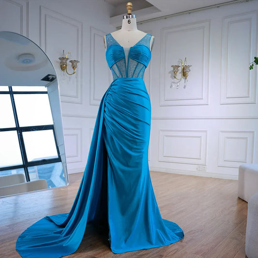 Corset Blue Prom Dress with Side Overskirt Spaghetti Straps LA73011