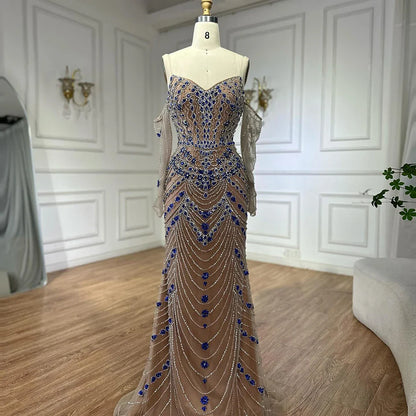 Luxury Blue Beaded Mermaid Evening Dress LA72858