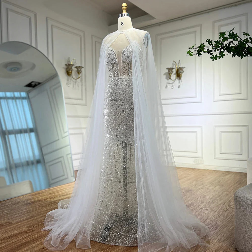 Luxury White Sequin Mermaid Evening Dress with Cape LA72996