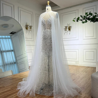Luxury White Sequin Mermaid Evening Dress with Cape LA72996