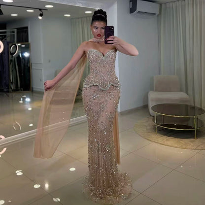Luxury Nude Beaded Mermaid Evening Dress LA73336
