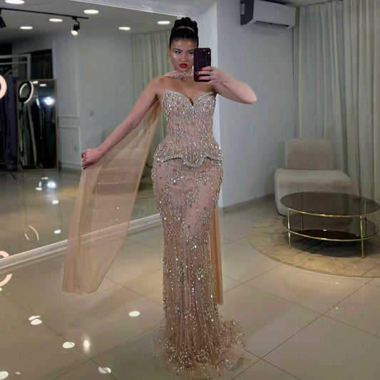 Luxury Nude Beaded Mermaid Evening Dress LA73336