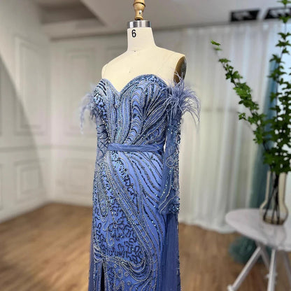Luxury Arabic Nude Mermaid High Split Feather Beaded Evening Dress LA71910