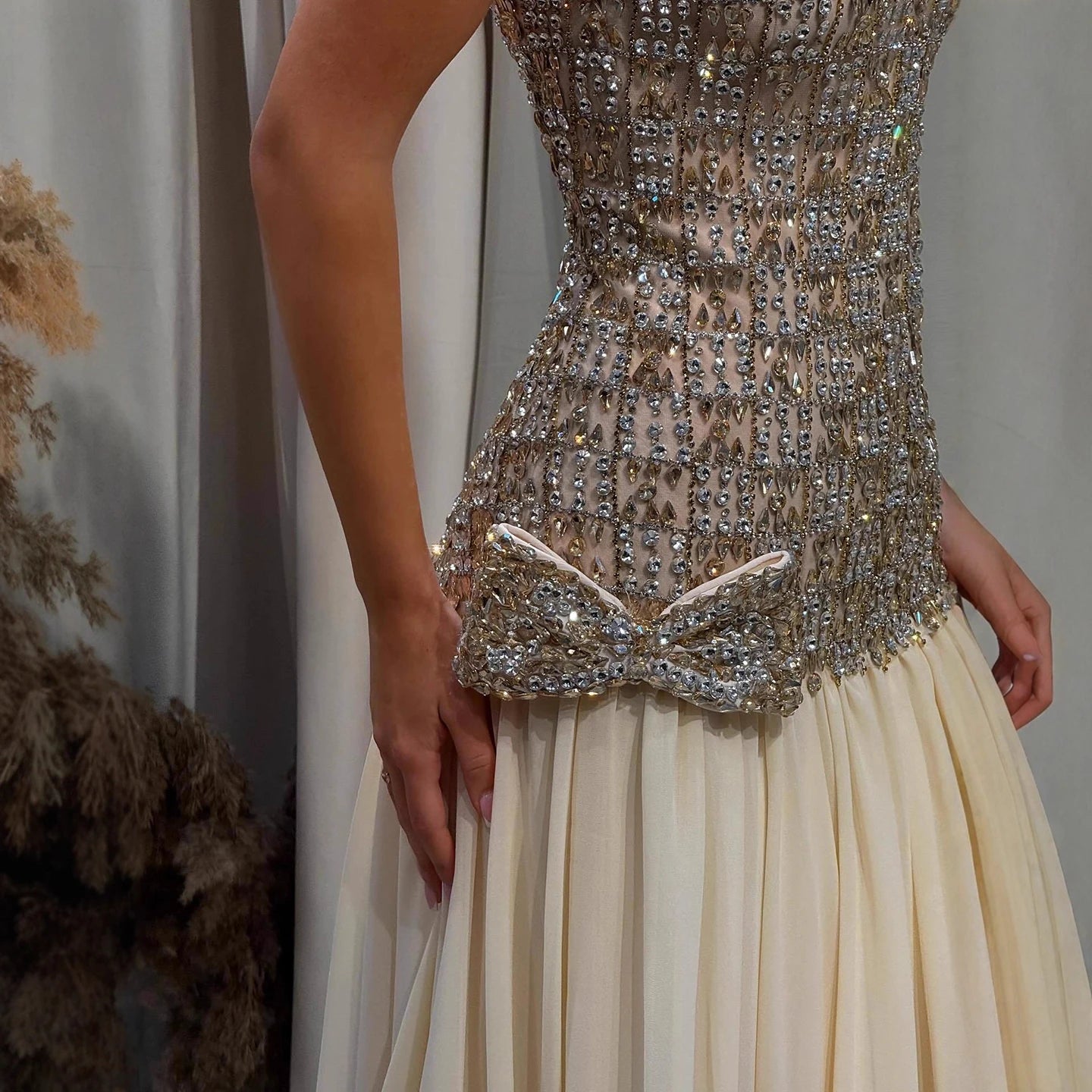 Luxury Champagne A-Line Crystal Beaded Evening Dress LA73361