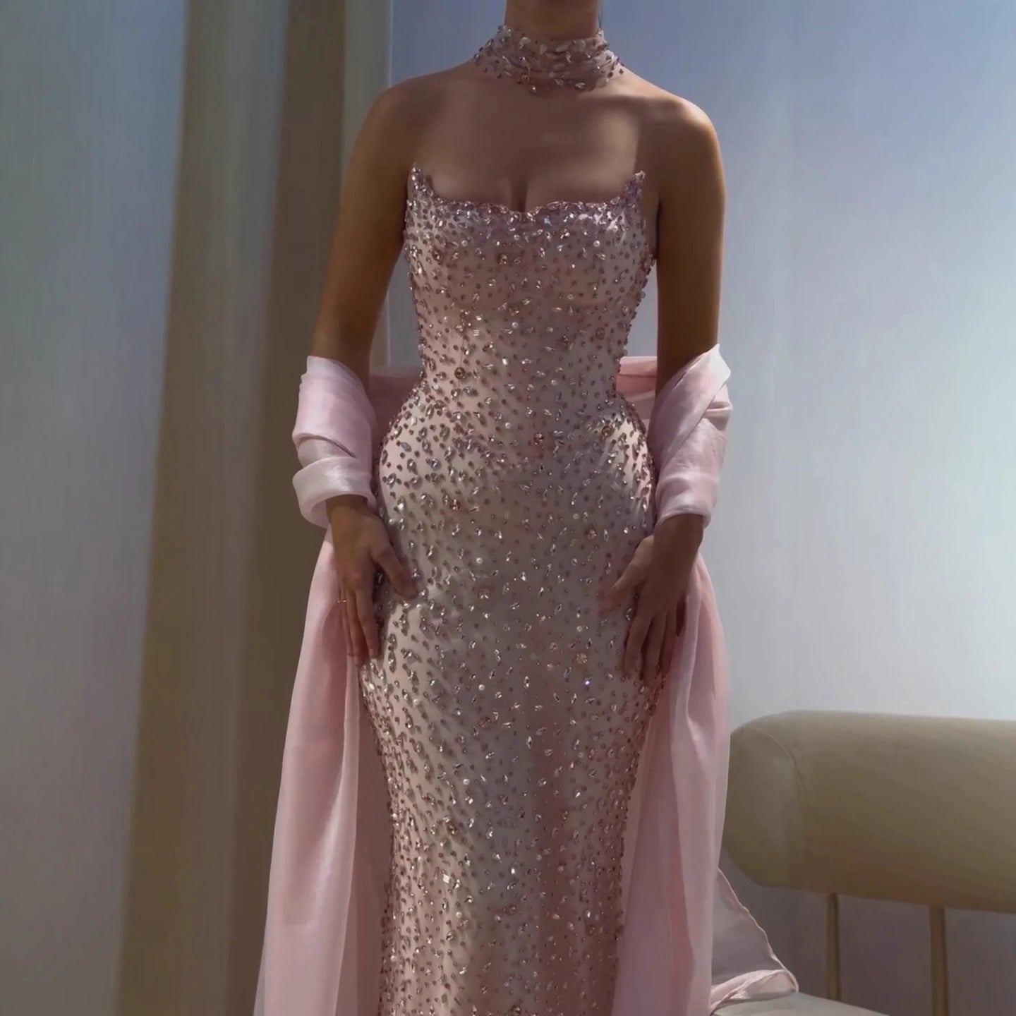 Luxury Pink Diamond Evening Dress with Cape Gown for Wedding Party LA73225