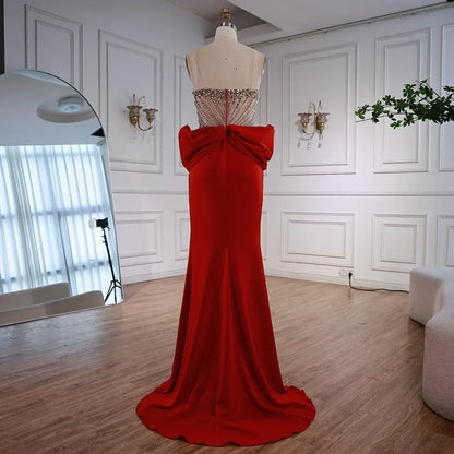 Designer Red Satin Evening Dress with Bow LA73060
